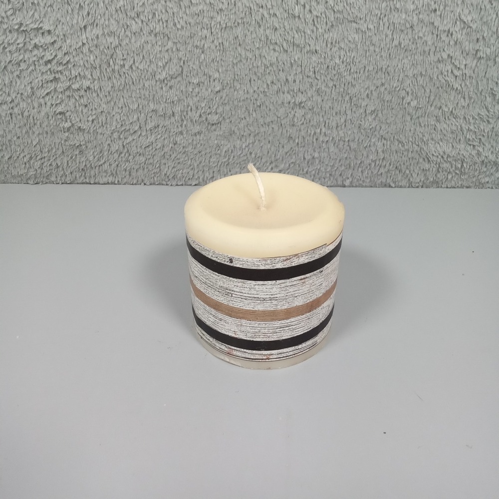 Rustic Striped‎ Wood Grain Pillar Candle Unscented Cream Black Brown 3x3